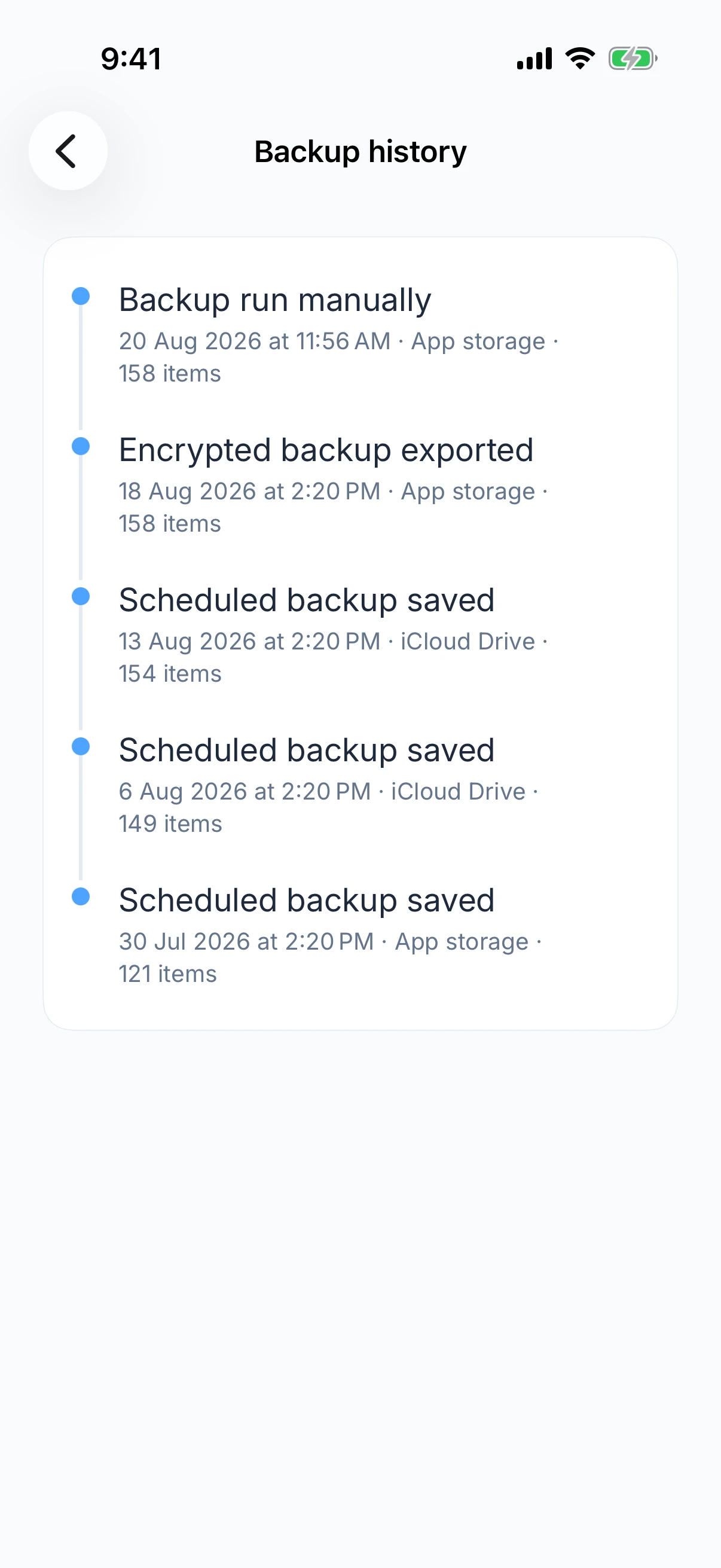 Zen Passwords on iPhone: backup history, listing manual and scheduled encrypted backups by date, destination and item count