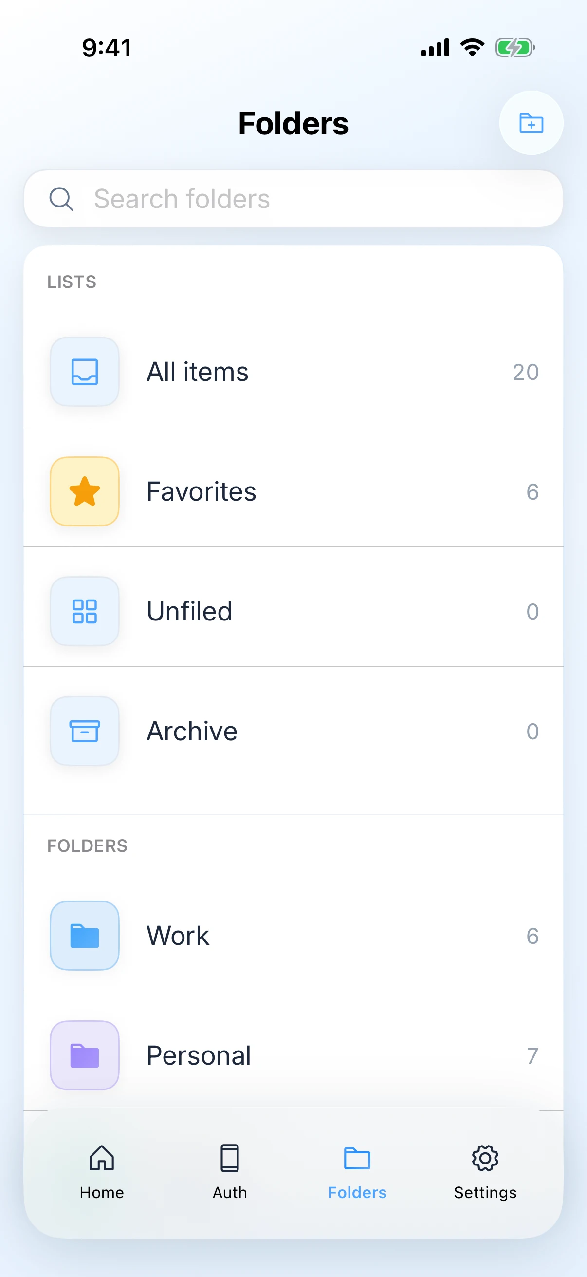 Zen Passwords on iPhone: folders and lists, with all items, favourites, unfiled and archive above the Work and Personal folders and their counts