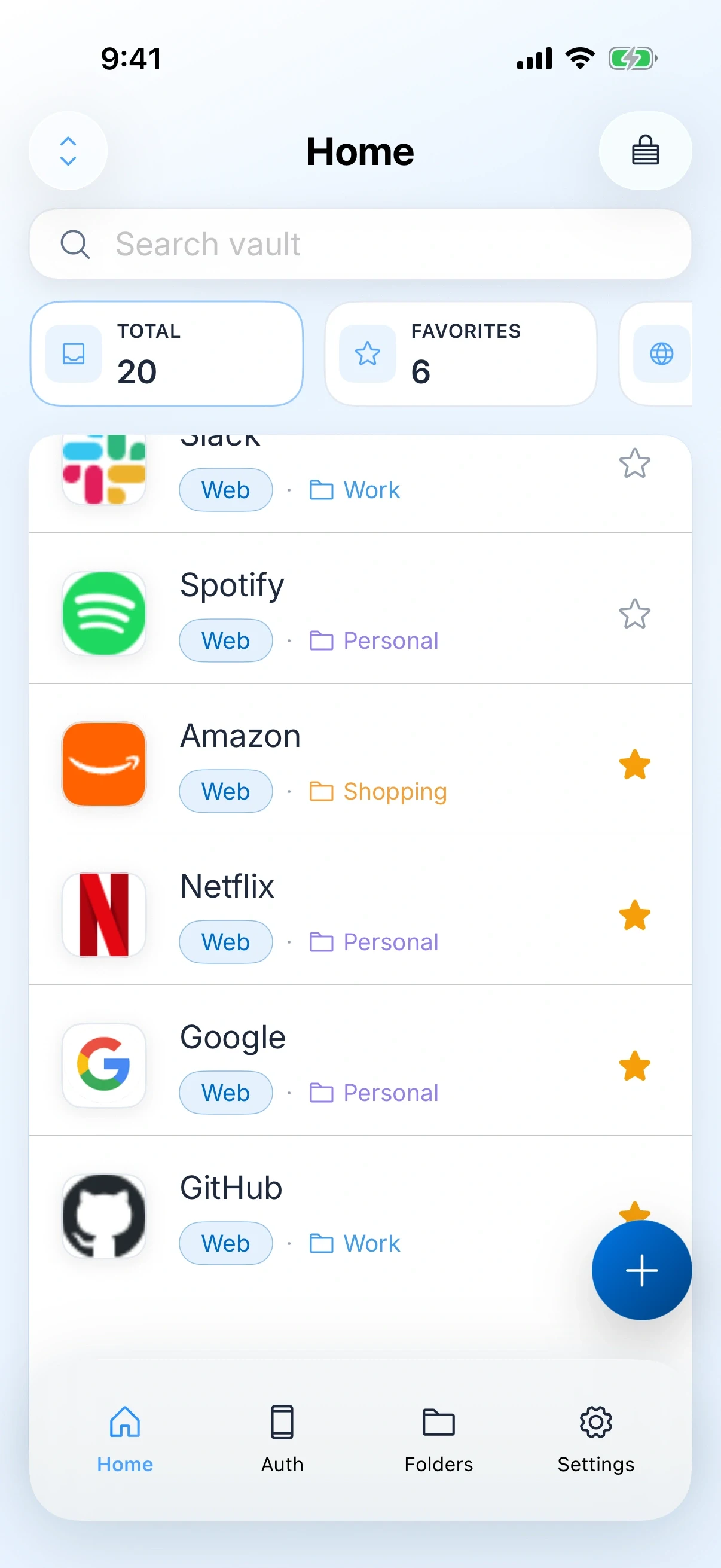 Zen Passwords on iPhone: further down the vault, with Slack, Spotify, Amazon, Netflix, Google and GitHub, several marked as favourites