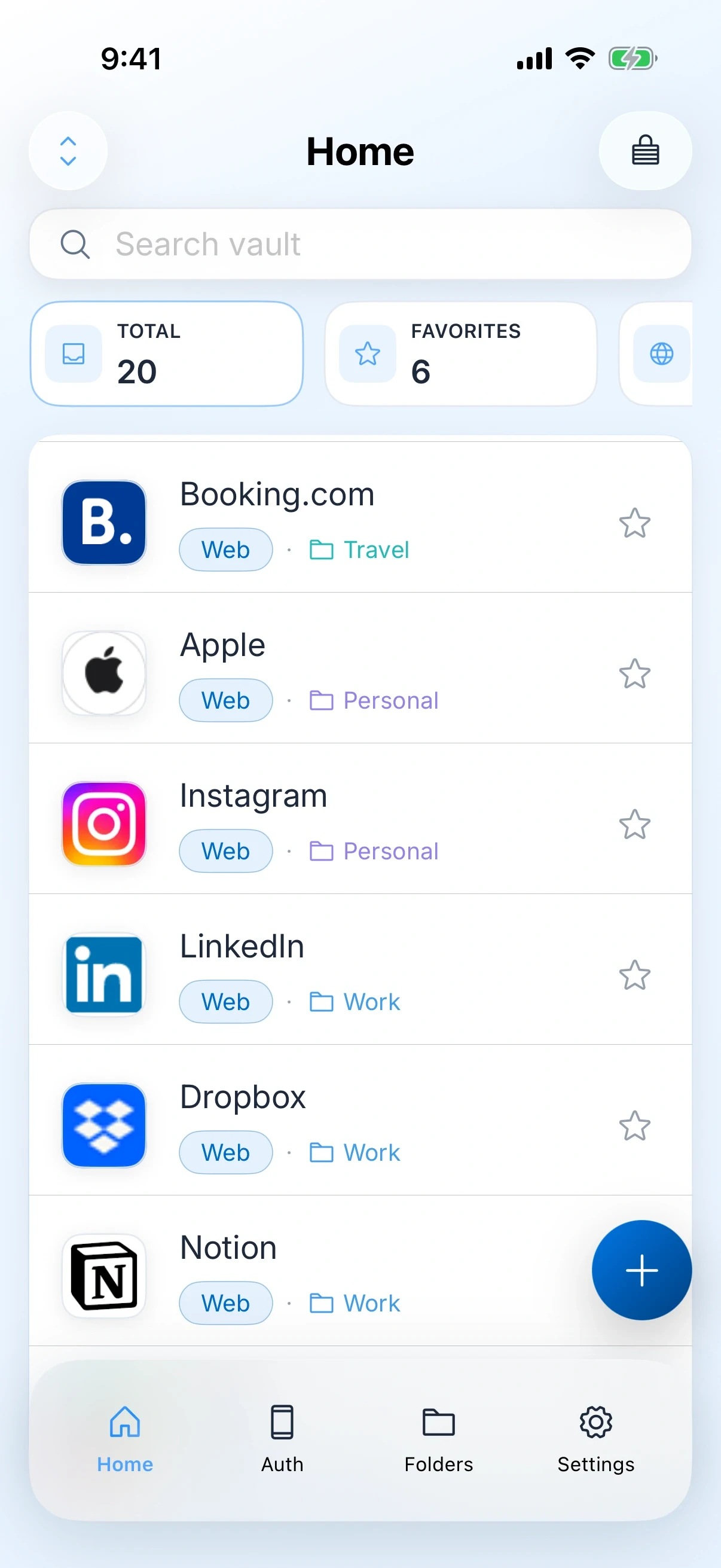 Zen Passwords on iPhone: the vault scrolled, showing saved logins for Booking.com, Apple, Instagram, LinkedIn, Dropbox and Notion
