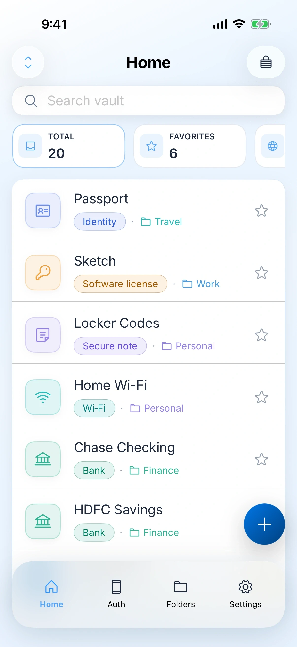 Zen Passwords on iPhone: the vault home, twenty items and six favourites, with a passport, a software licence, locker codes, home Wi-Fi and two bank accounts, each tagged by type and folder