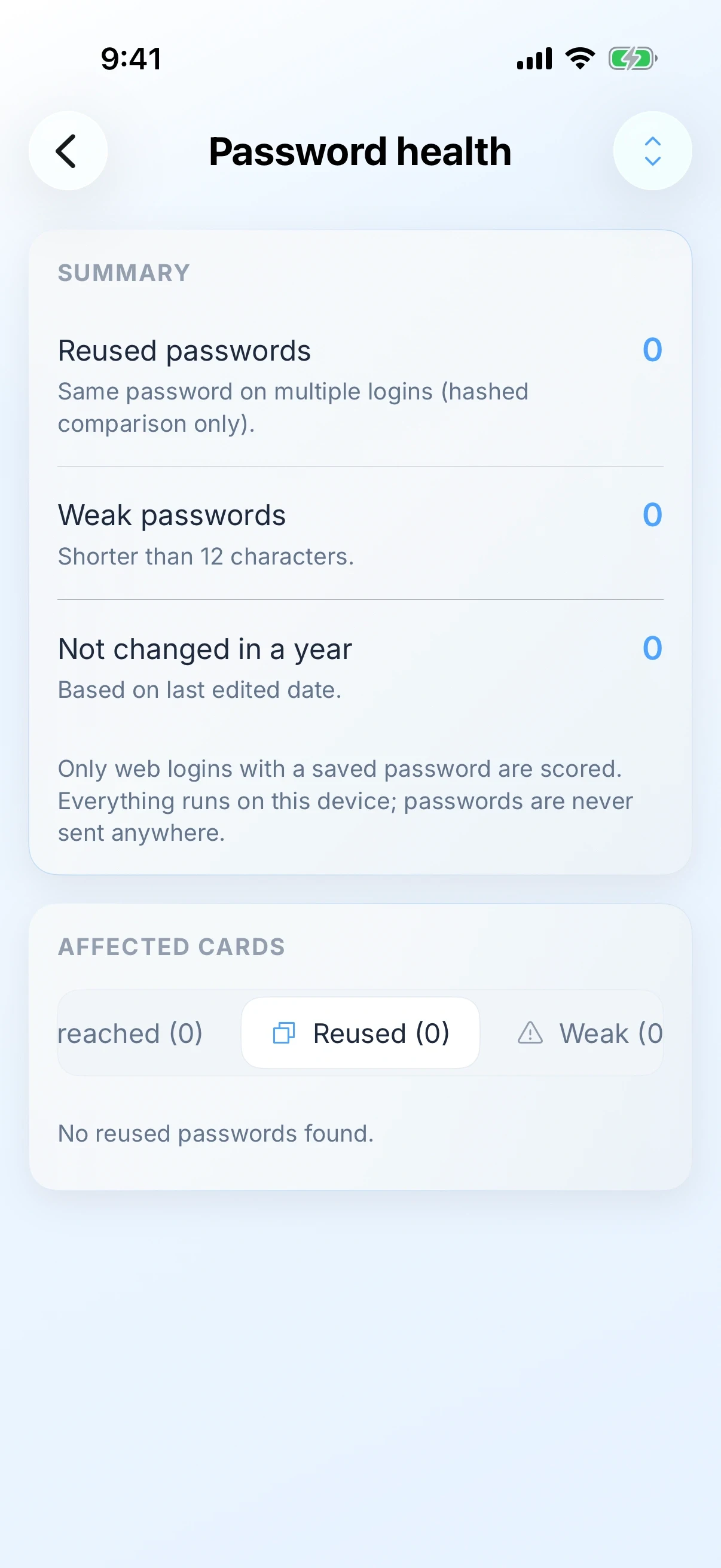 Zen Passwords on iPhone: password health, counting reused passwords, weak passwords and any not changed in a year, with a note that every check runs on the device