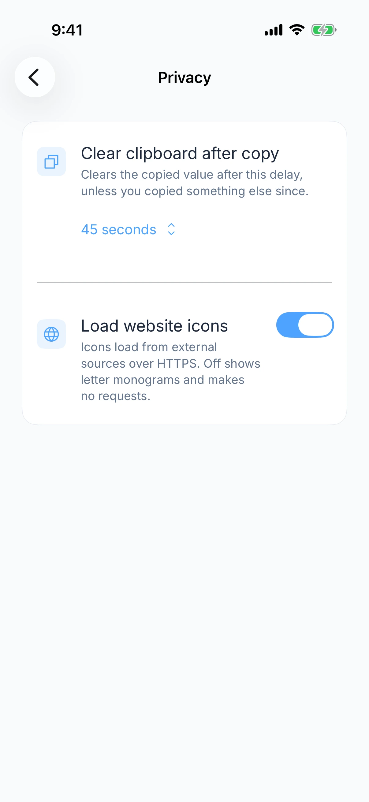 Zen Passwords on iPhone: privacy settings, clearing the clipboard forty five seconds after a copy, and a toggle for whether website icons are fetched at all