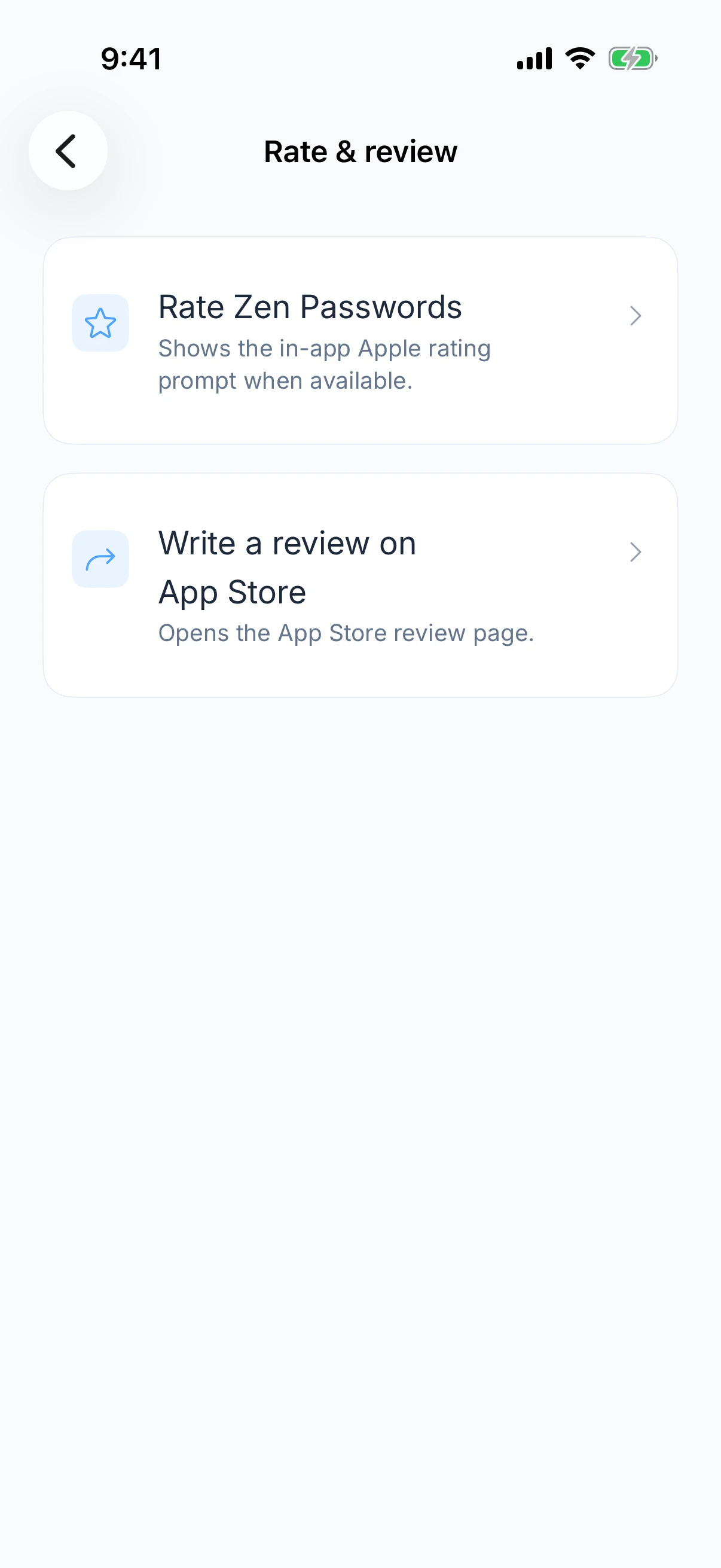 Zen Passwords on iPhone: the rate and review page, linking to the in-app rating prompt and the App Store review page