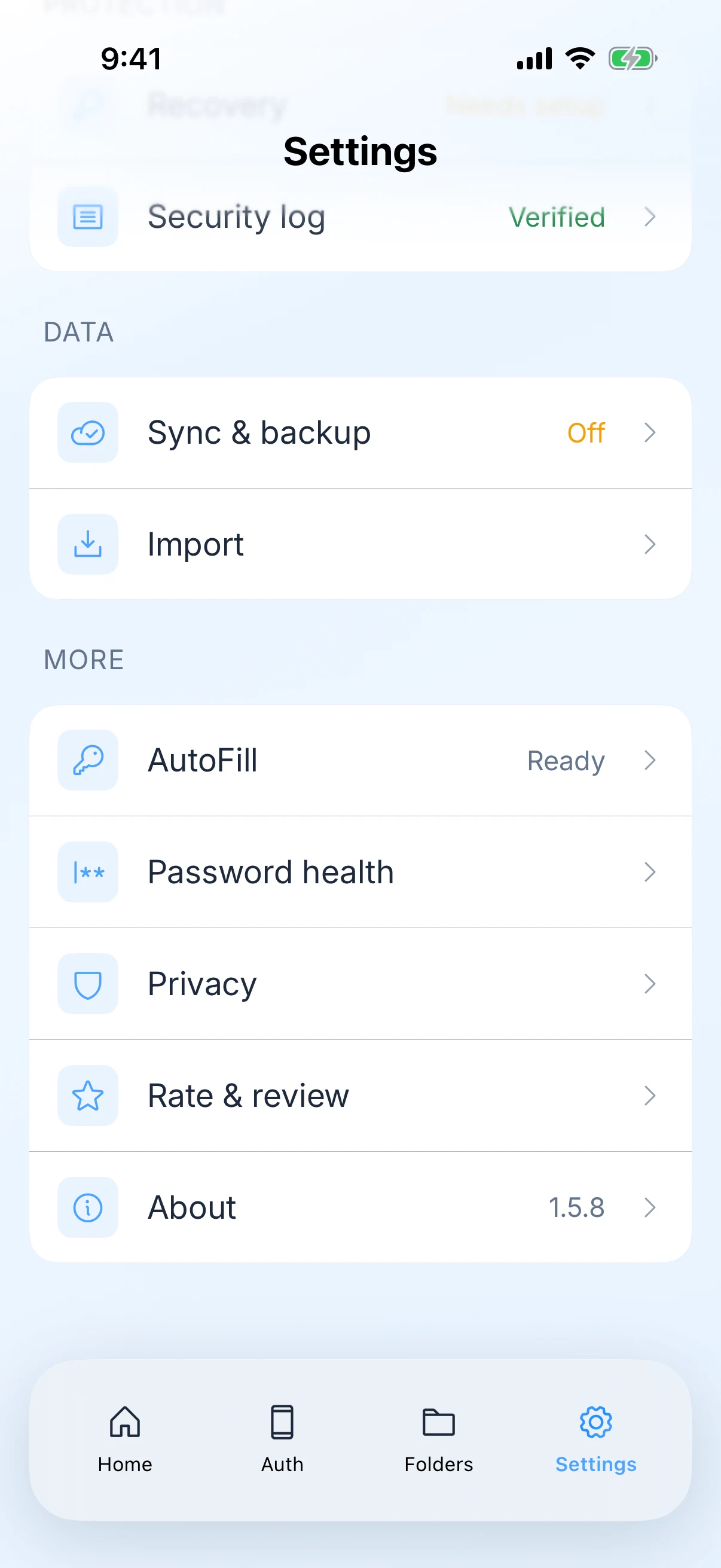 Zen Passwords on iPhone: the rest of settings, with the security log verified, sync off, and entries for AutoFill, password health and privacy