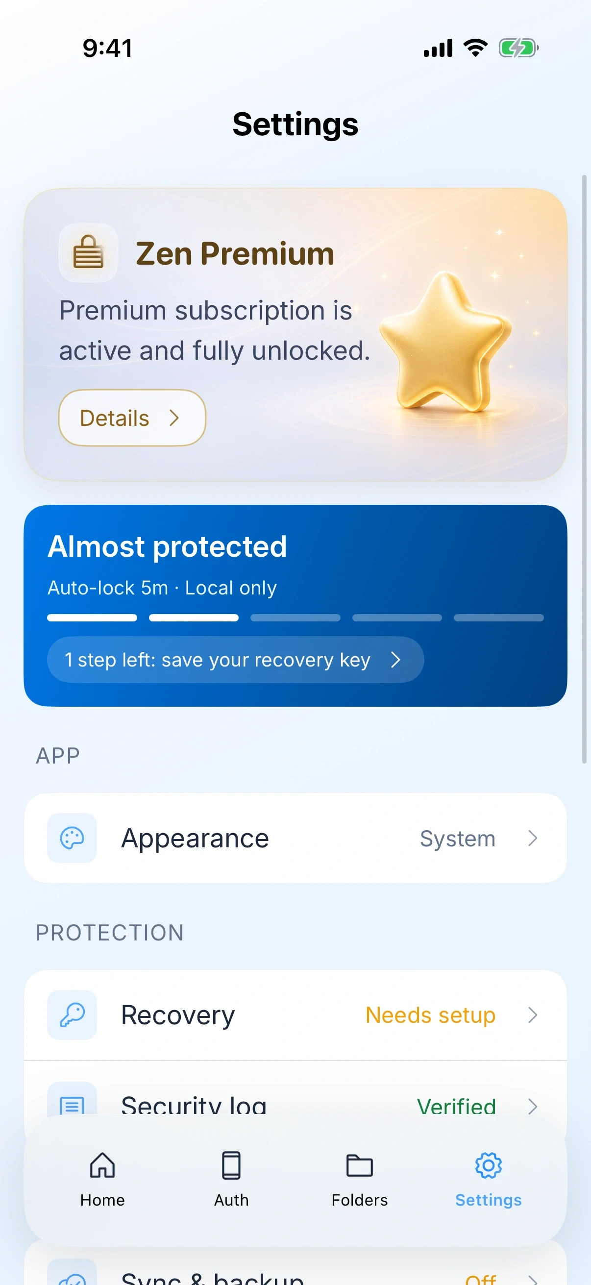 Zen Passwords on iPhone: settings, showing the subscription active, the vault local only with a five minute auto-lock, and one step left to save a recovery key