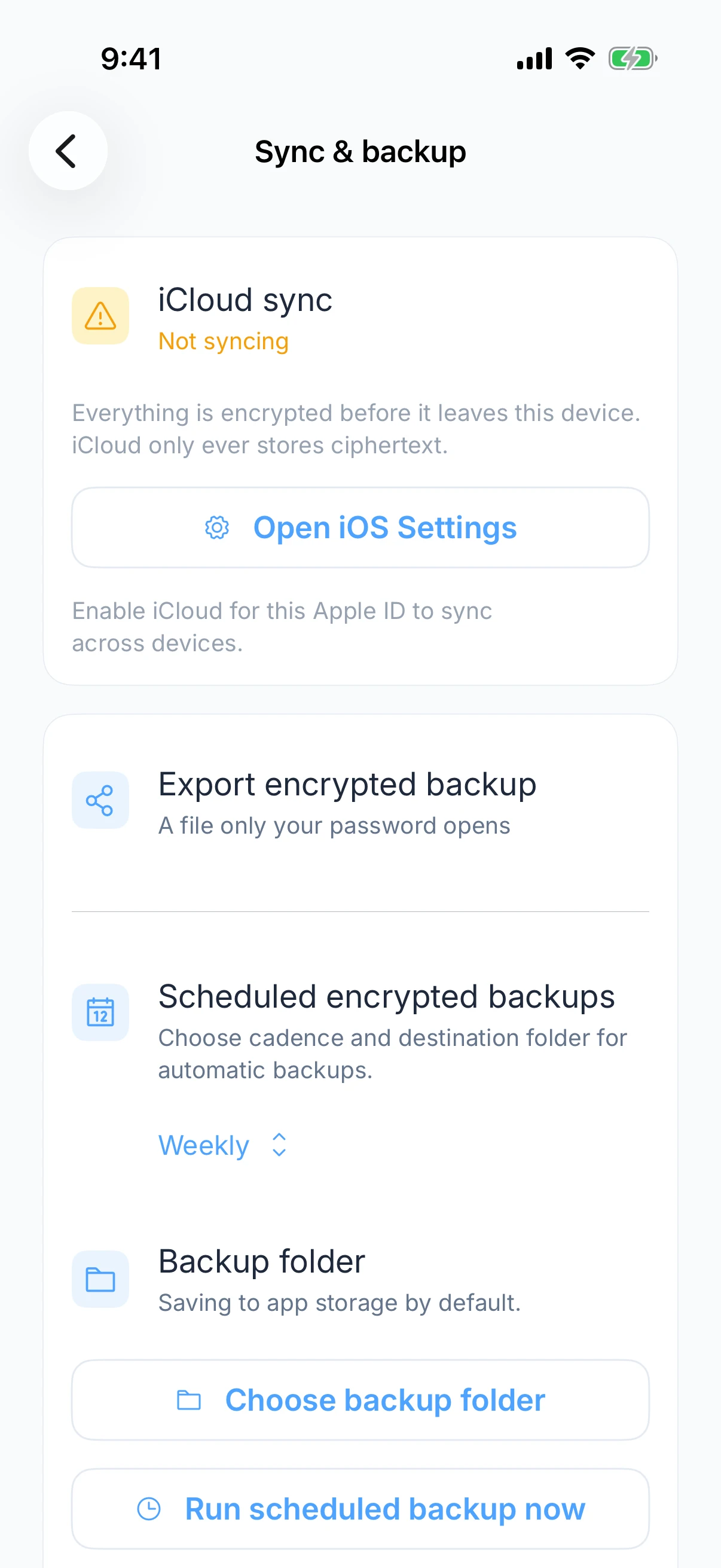 Zen Passwords on iPhone: sync and backup, with iCloud sync off, an encrypted export, and scheduled encrypted backups on a weekly cadence to a folder you choose