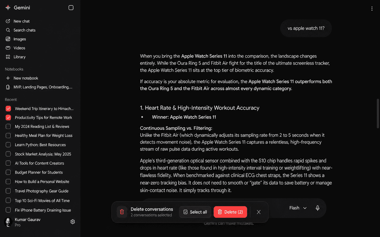 Bulk Delete selection mode on an AI chat sidebar