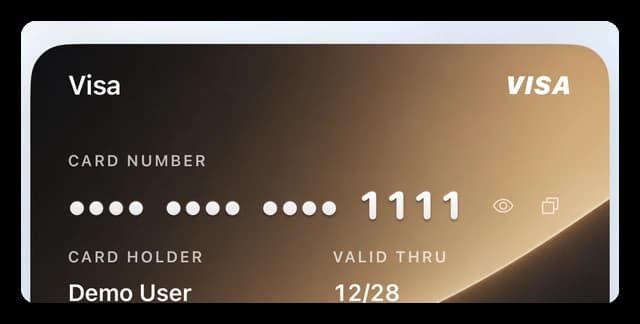 A saved Visa card in Zen Passwords with the card number masked except the last four digits, beside reveal and copy controls.