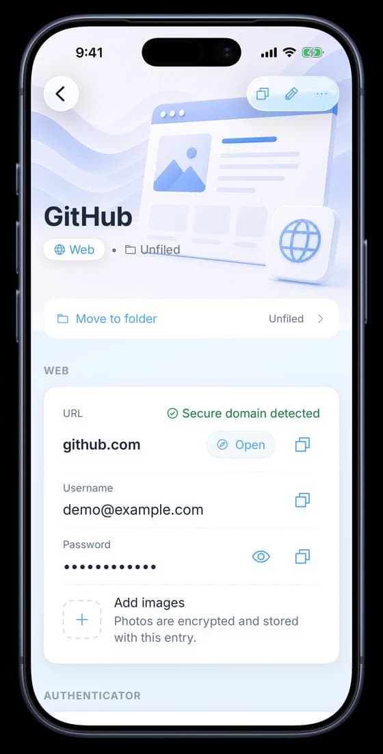 A saved login open in Zen Passwords on iPhone, with the URL and username readable and the password masked.