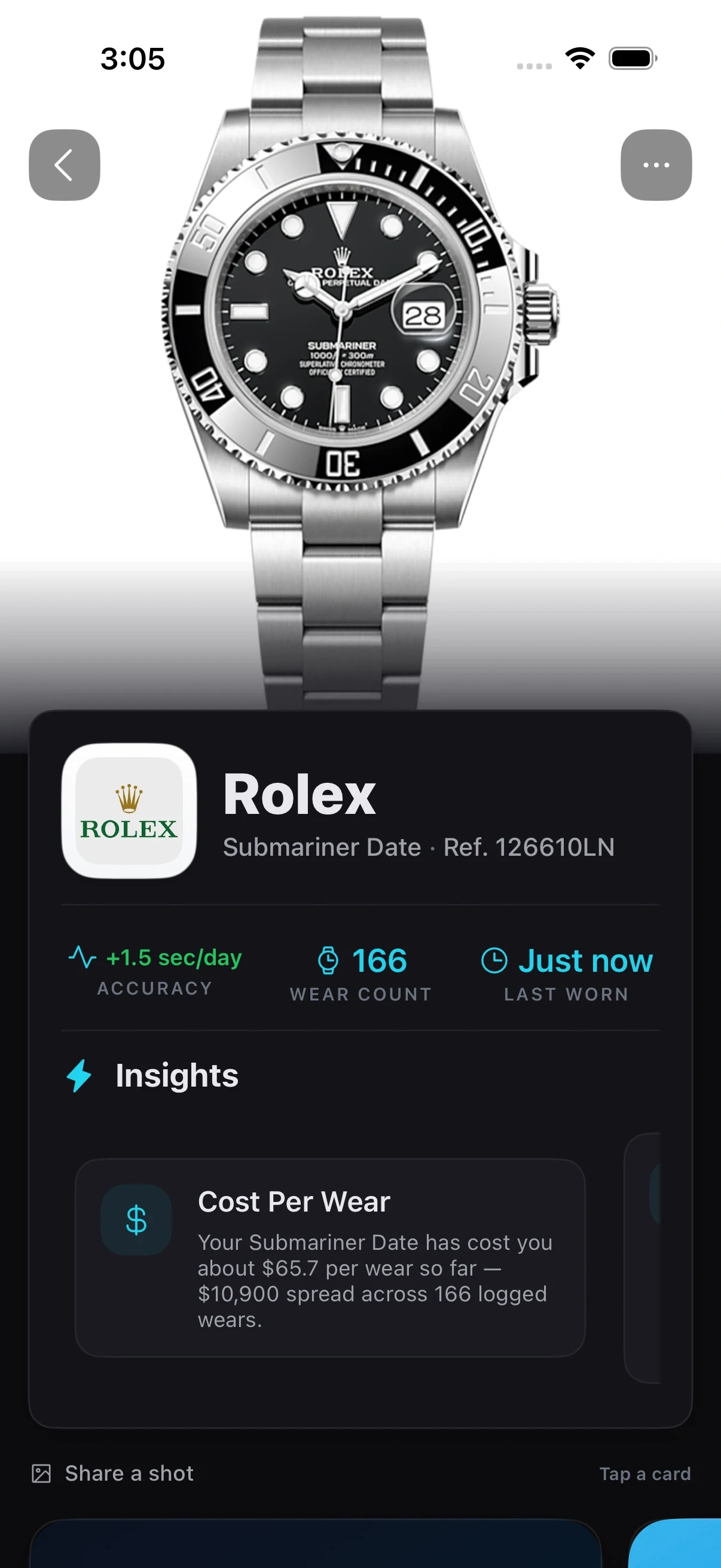 Zen Horology on iPhone: one watch in full, a 2023 Submariner Date, running 1.5 seconds a day fast across 166 logged wears, with a cost-per-wear reading underneath