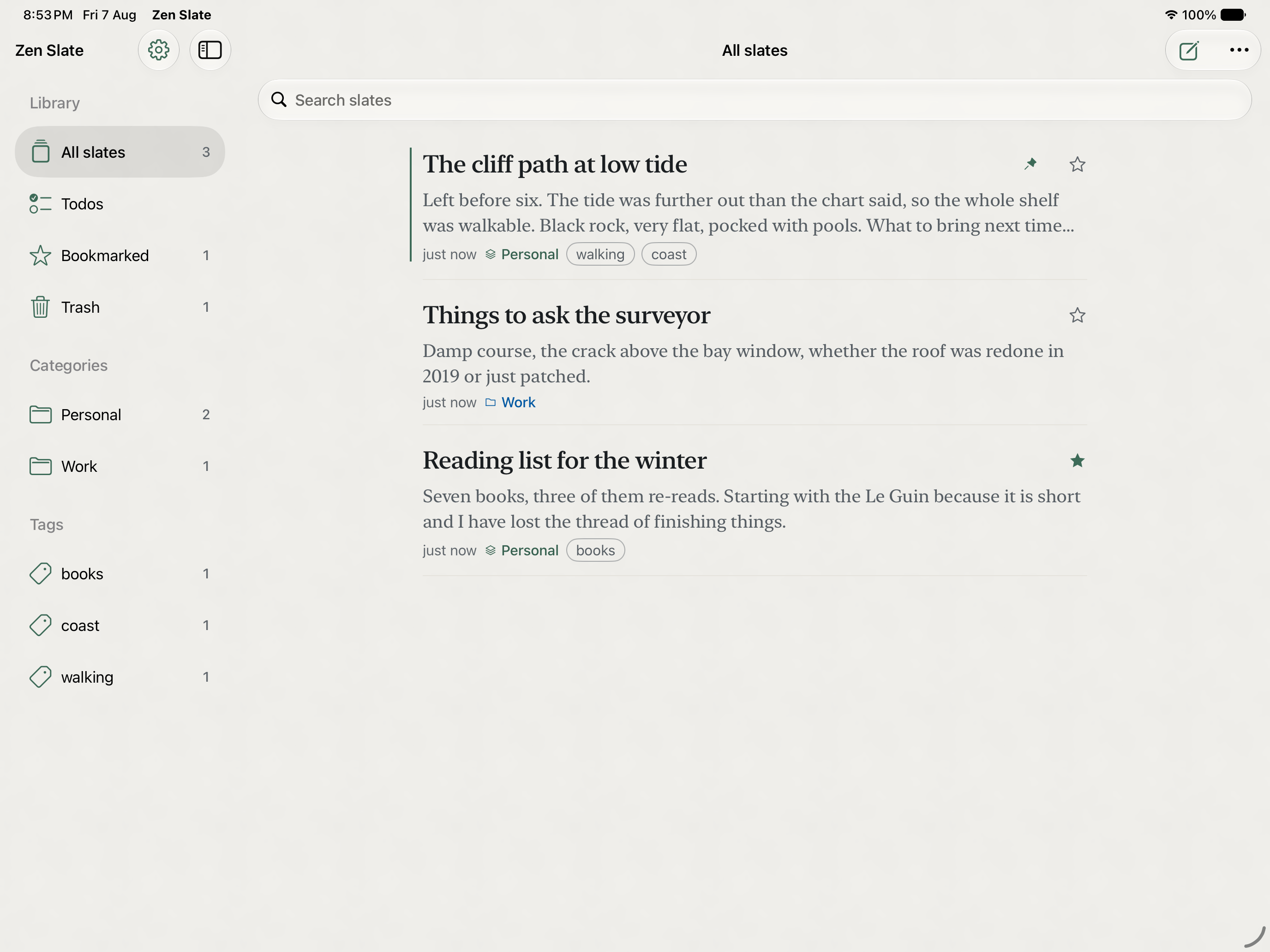 Zen Slate on iPad: the sidebar of views, categories and tags beside the full slate list
