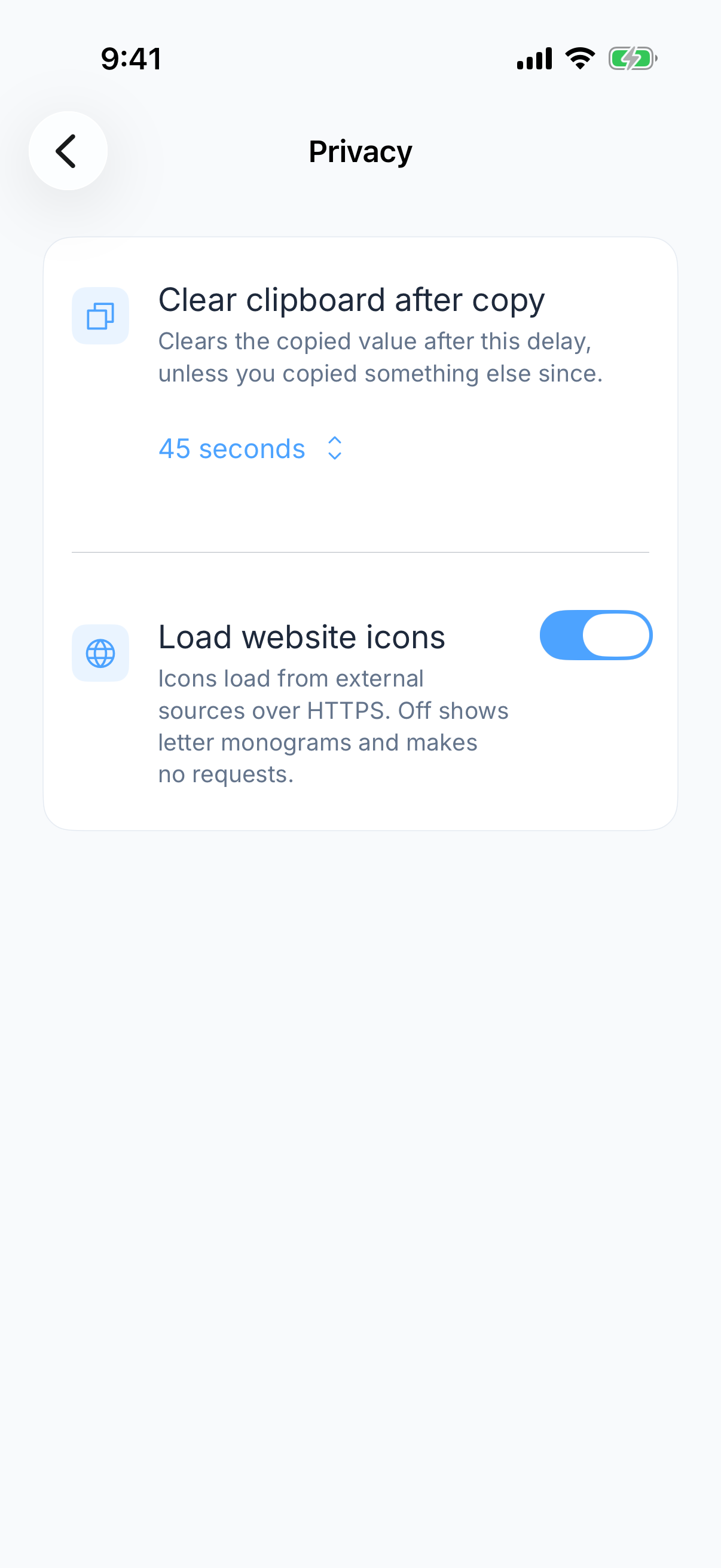 The Zen Passwords privacy screen, listing what is sealed and what never leaves the device.