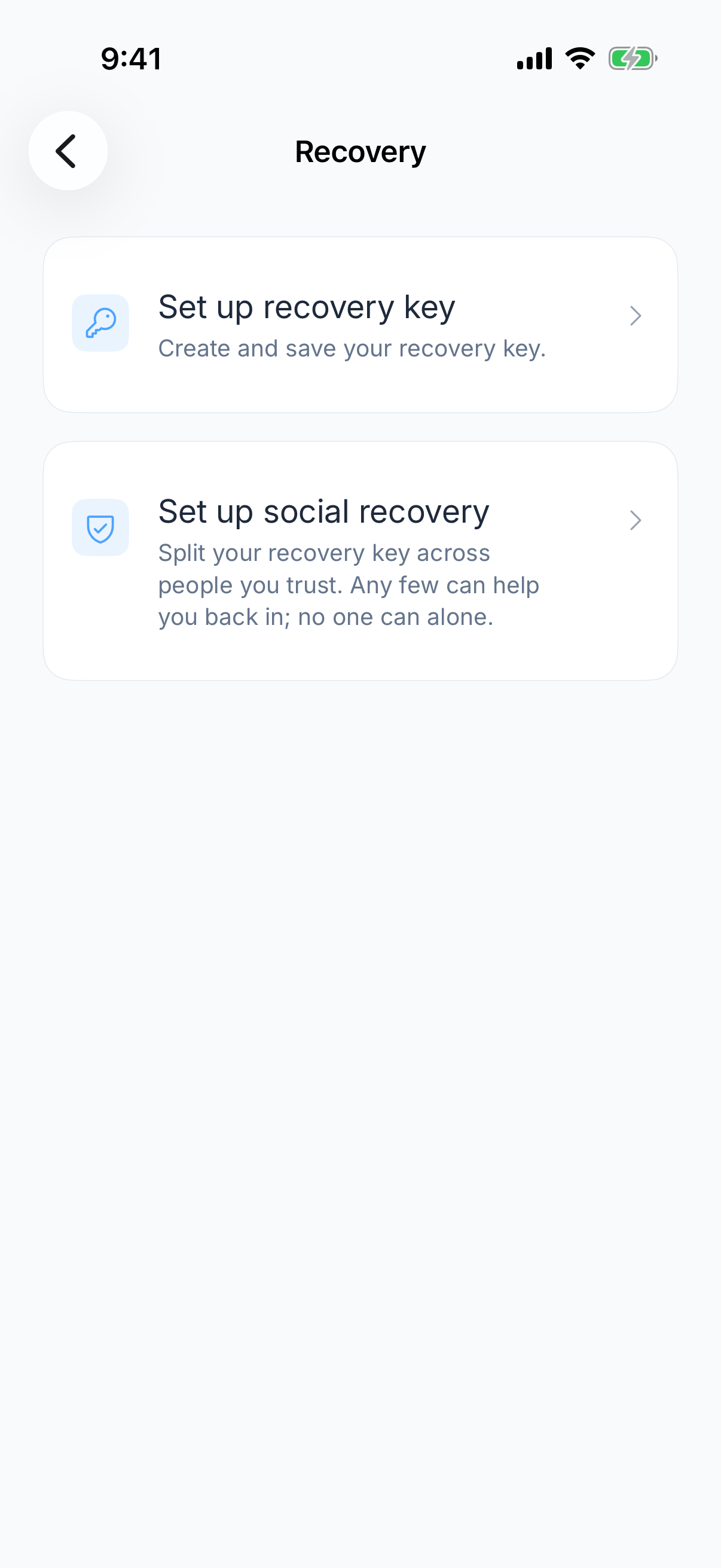 The Zen Passwords recovery screen, offering a recovery key and social recovery.