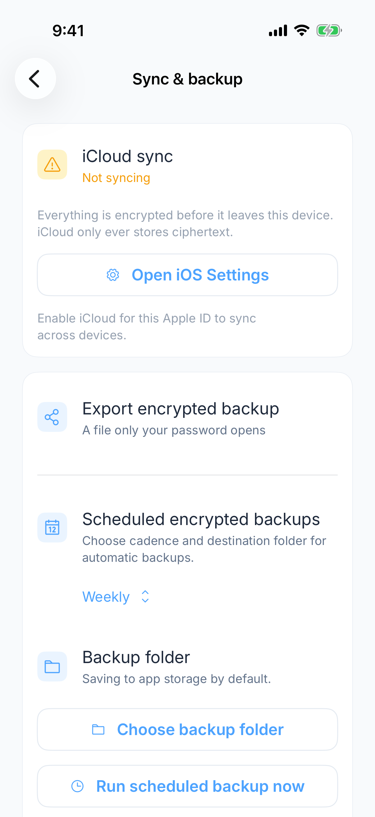 Zen Passwords sync and backup settings, showing sync through the user’s own iCloud.