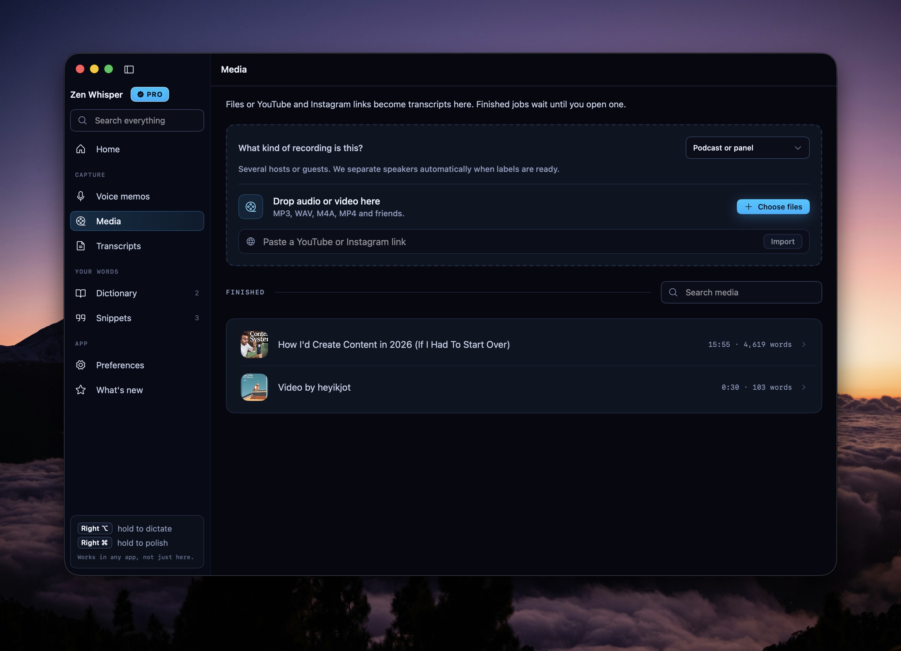 Media import screen with drop zone for audio and video files, plus YouTube and Instagram link import.