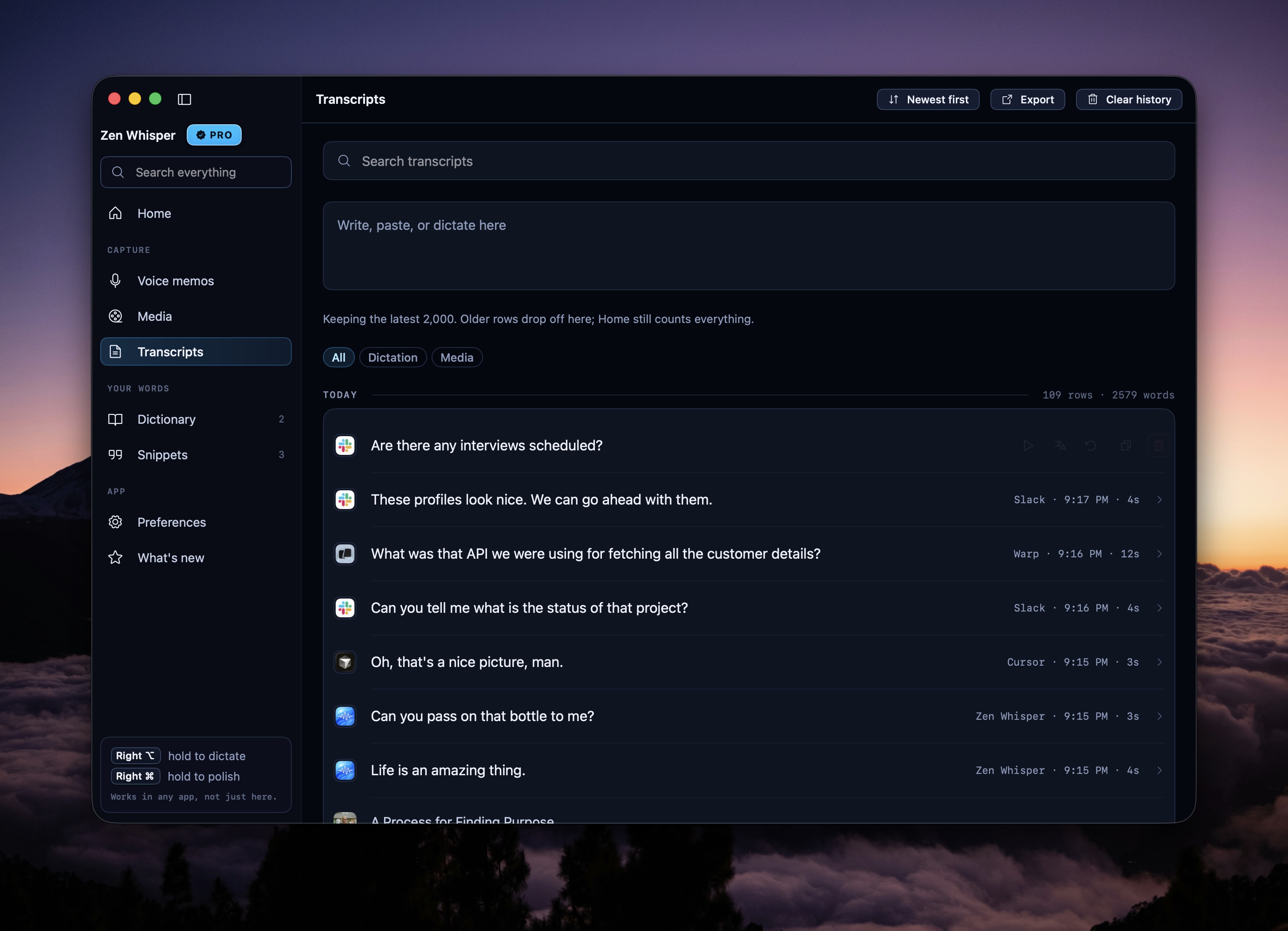 Transcript history grouped by day, each entry tagged with the app it was dictated into.